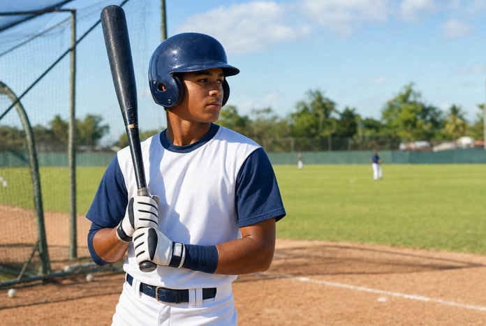 Unbranded baseball prospect practicing near a batting cage